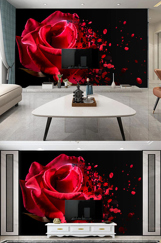 现代简约抽象水彩手绘玫瑰花背景墙