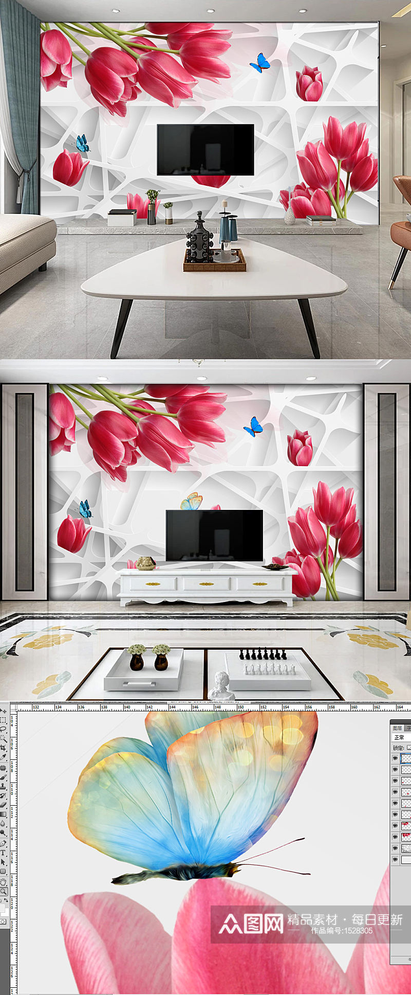 3D立体郁金香花卉背景墙壁画素材