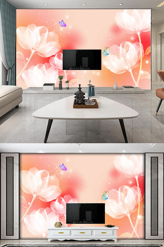 现代简约唯美梦幻花卉电视背景墙