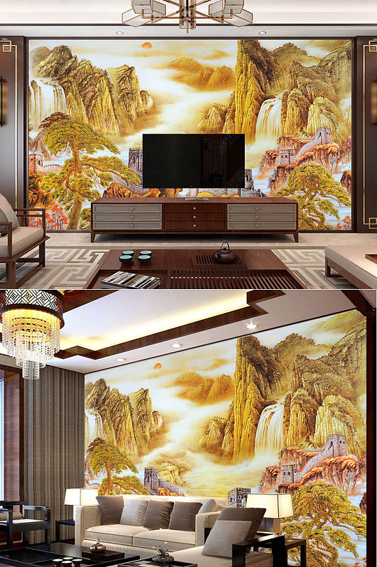 客厅仿彩雕长城山水国画电视背景墙