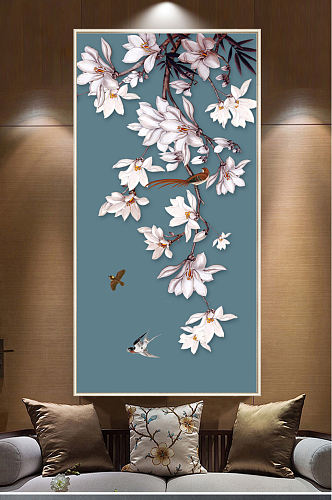 新中式手绘玉兰花飞鸟玄关背景墙装饰画