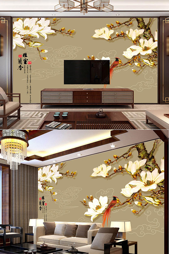 吉祥有余雅室兰香花鸟背景墙-众图网