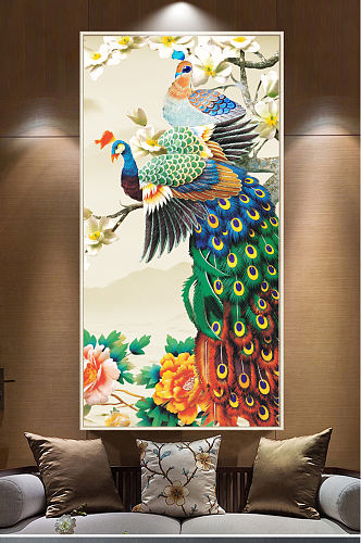 新中式吉祥如意手绘孔雀玄关装饰画