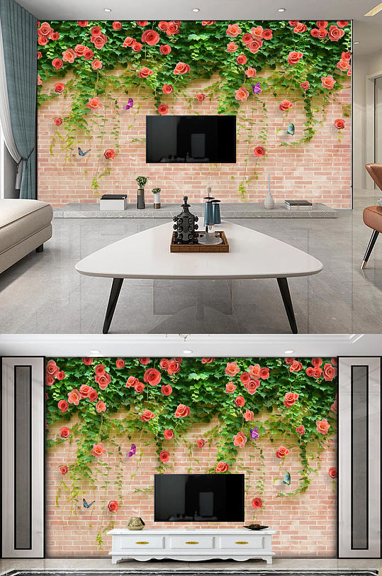 唯美清新蔷薇花藤玫瑰花砖墙背景墙