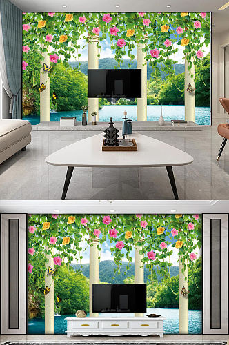 欧式风景3d罗马柱园林蔷薇电视背景墙