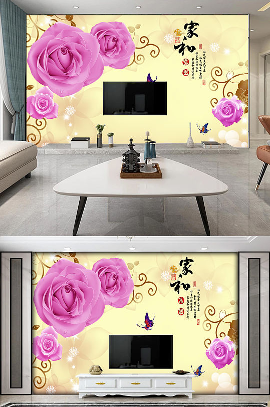 梦幻粉色花朵电视背景墙
