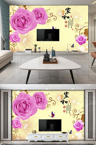 梦幻粉色花朵电视背景墙