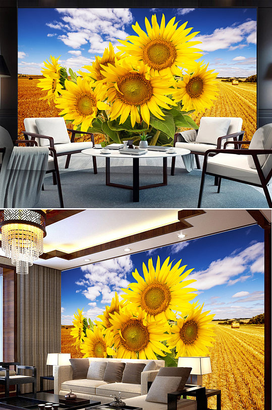 向日葵花海阳光彩虹电视背景墙-众图网