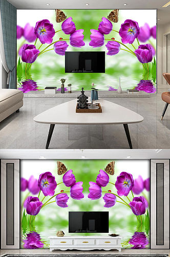 唯美紫色花卉倒影3D立体电视背景墙
