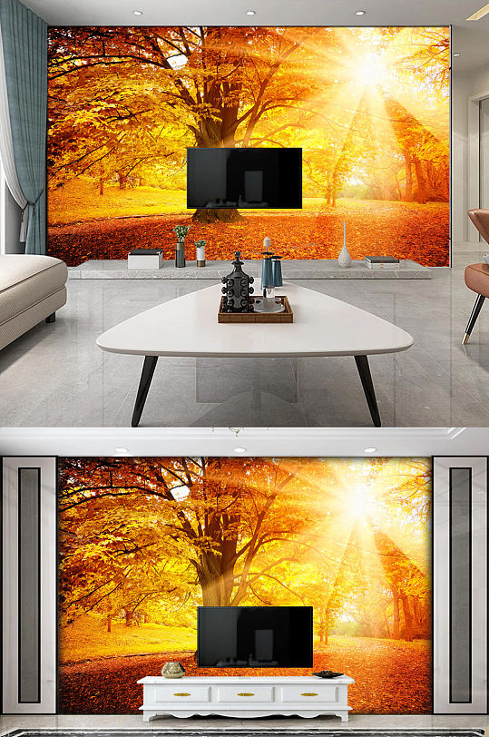 金色树林秋天的童话风景电视背景墙