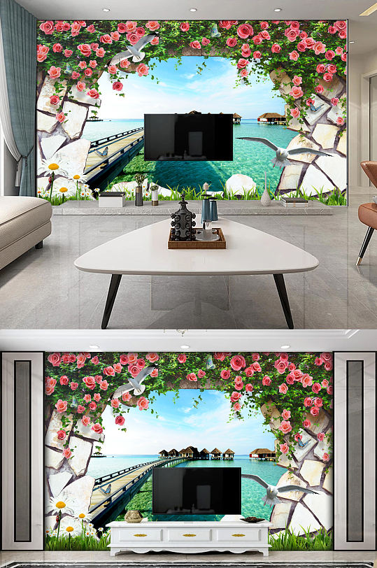 3D砖墙海边风景背景墙