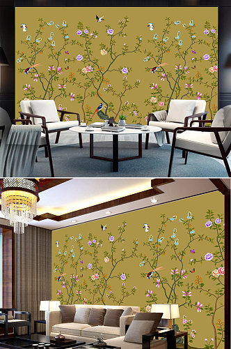 海棠花新中式手绘工笔花鸟背景墙装饰画