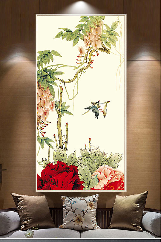 新中式花开富贵工笔花鸟玄关背景墙