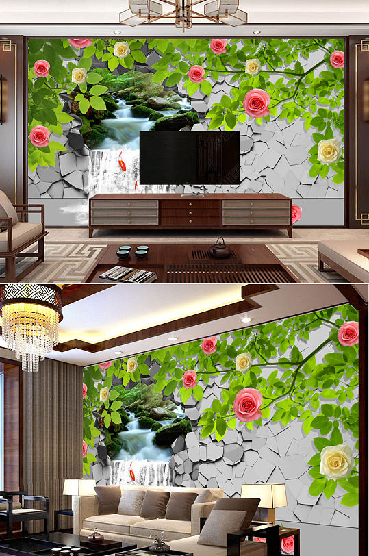 3D壁画唯美风景玫瑰花砖墙电视背景墙