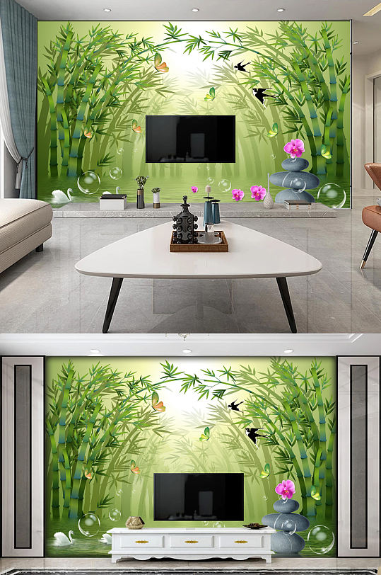 清新绿竹3D立体风景电视背景墙