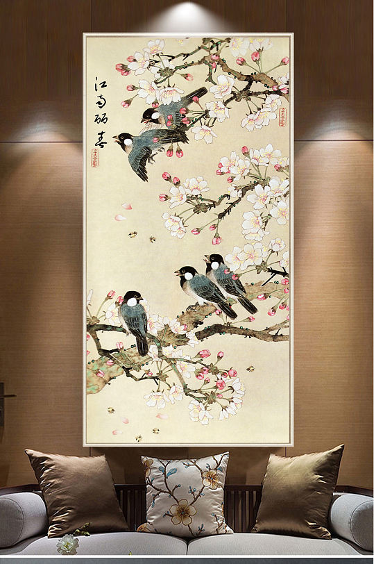 新中式工笔花鸟水墨山水玄关背景墙-众图网