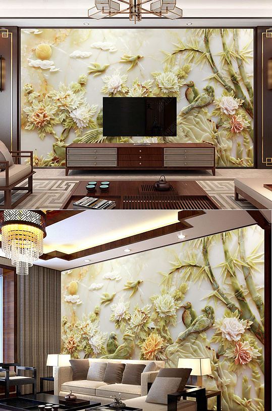 客厅牡丹孔雀玉雕电视背景墙