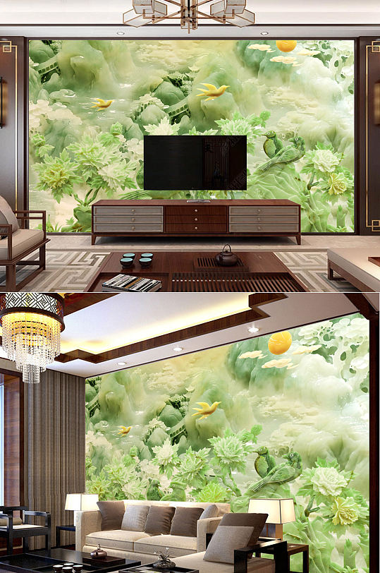 3D立体山水玉雕壁画电视背景墙