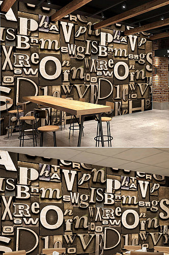 3D英文字母复古怀旧餐厅酒吧工装背景墙