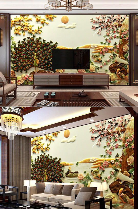玉雕牡丹孔雀电视背景墙装饰画壁画-众图网