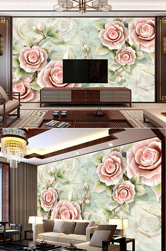 清新简约3d浮雕粉色玫瑰3D电视背景墙