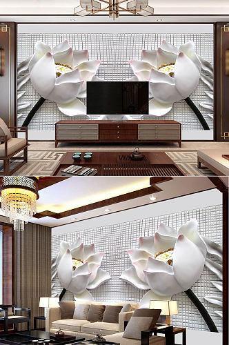 现代简约3D立体浮雕荷花电视沙发背景墙