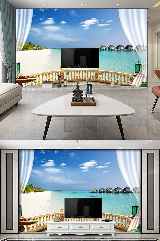 3D立体阳台窗外海边风景海景背景墙