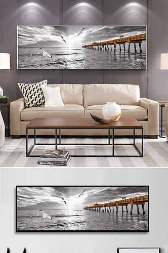 现代简约大海木桩码头木桥剪影风景床头画