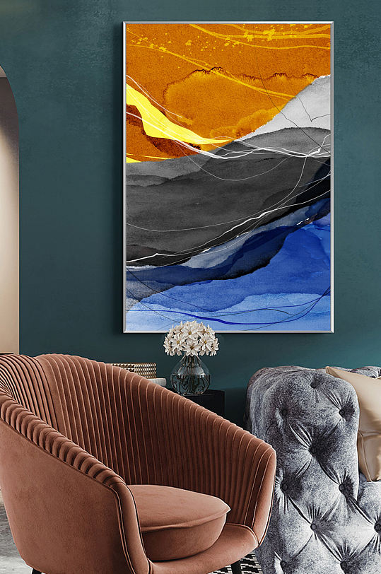 后现代轻奢水墨爱马仕橙抽象客厅装饰画