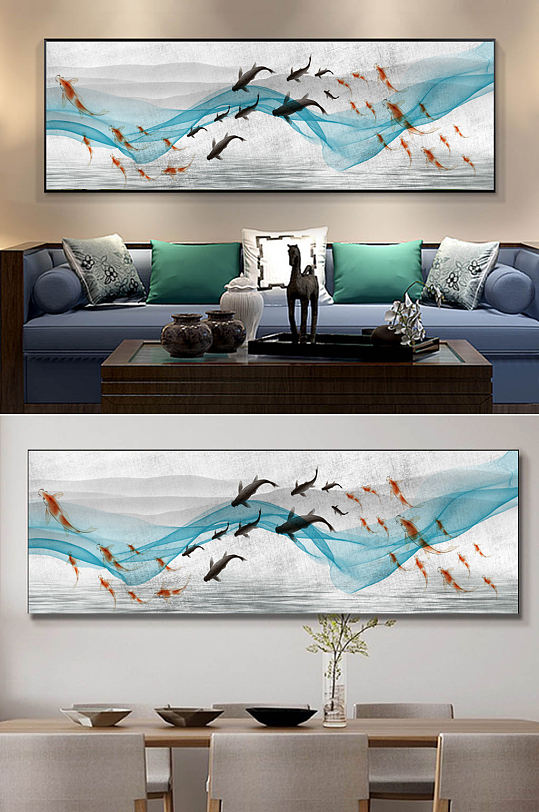 现代简约抽象线条艺术金箔鱼群床头画装饰画