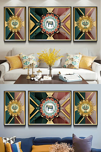 欧式复古奢华抽象金色花纹大象客厅装饰画