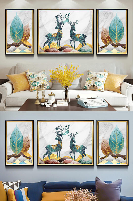 金色山水抽象现代简约麋鹿轻奢客厅装饰画