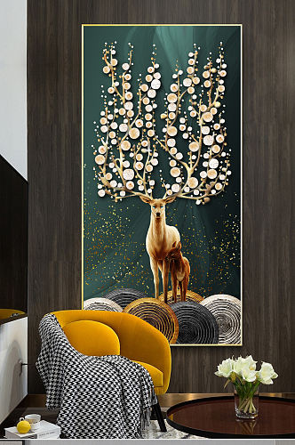 现代轻奢抽象几何空间金色麋鹿光影装饰画