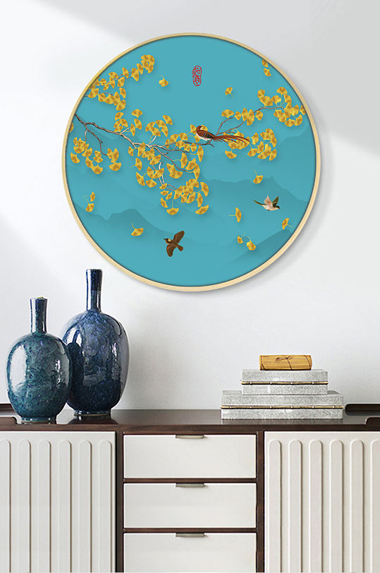 新中式银杏手绘花鸟圆形装饰画挂画