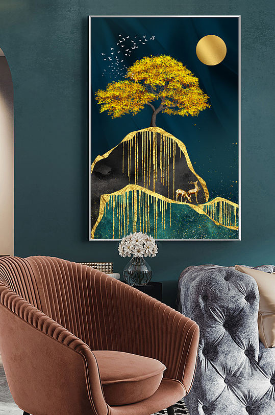 现代轻奢发财树抽象山水夜空风景玄关装饰画