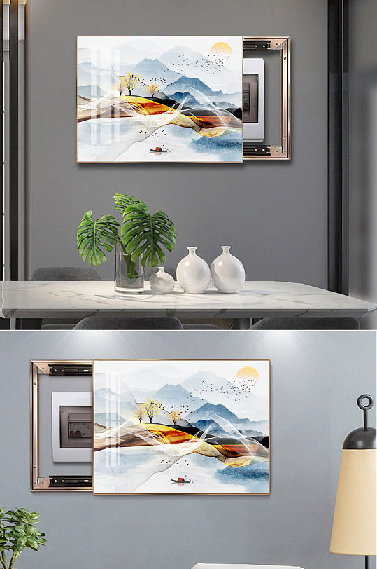 现代烁金山水肌理手绘艺术轻奢电表箱装饰画-众图网