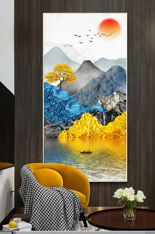 新中式金色轻奢抽象山水客厅卧室晶瓷装饰画