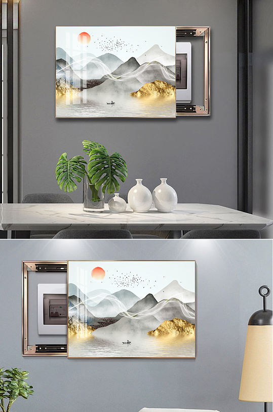 新中式金色轻奢抽象山水电表箱晶瓷装饰画