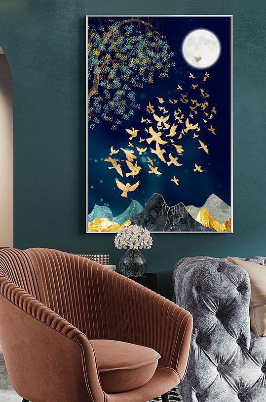 新中式现代简约轻奢抽象金色飞鸟客厅装饰画