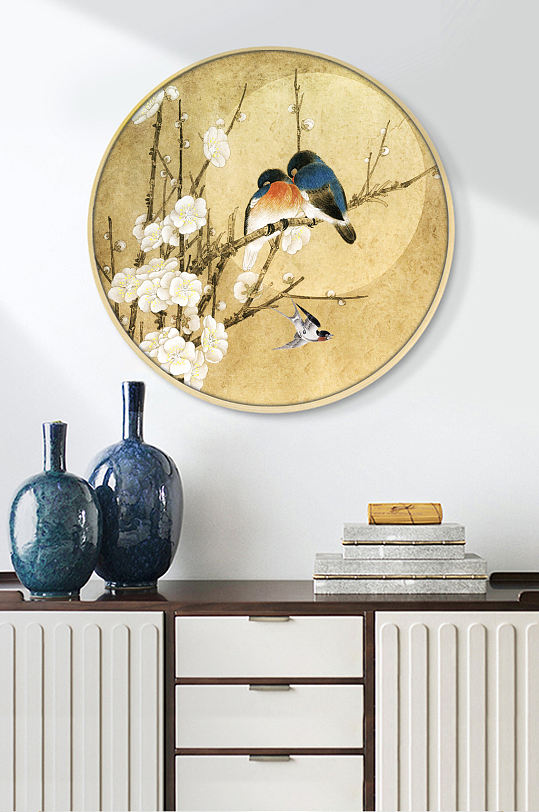 新中式梅花玄关工笔花鸟装饰画工笔素雅梅花-众图网