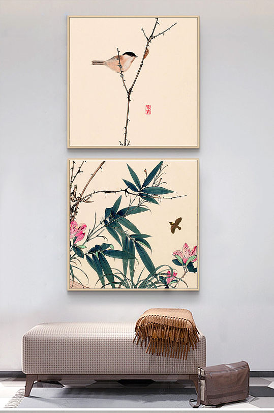 新中式手绘素雅花鸟装饰画玄关背景-众图网