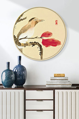 新中式手绘花鸟圆形装饰画挂画