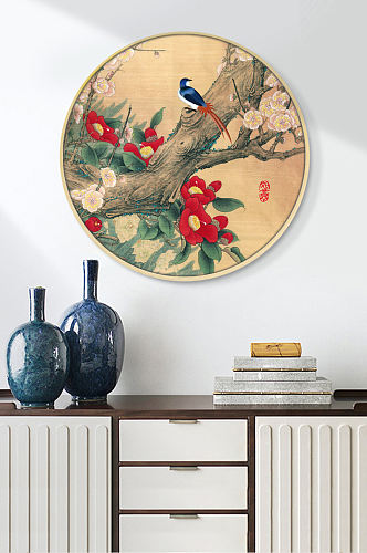新中式手绘花鸟装饰画玄关背景