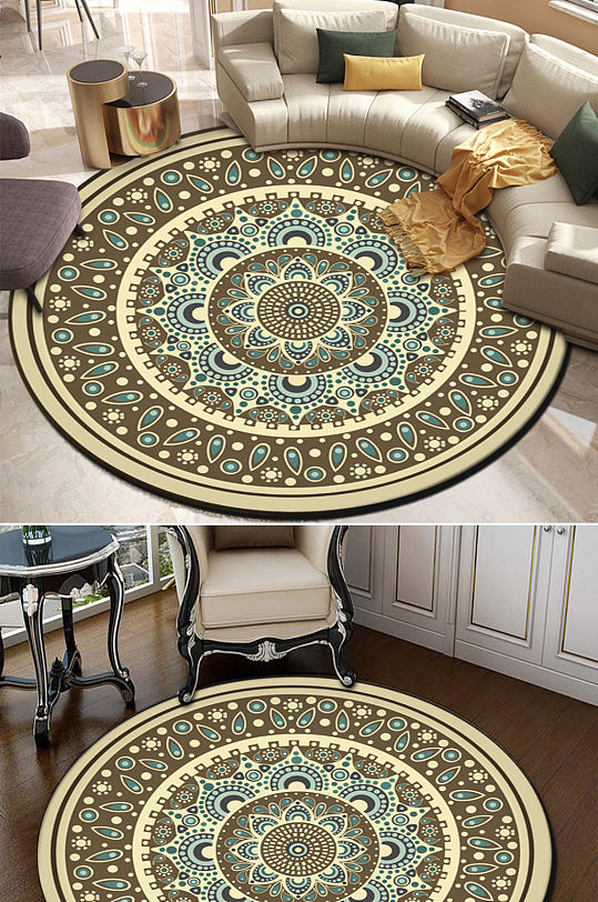 欧式现代简约古典花纹奢华深色圆形地毯
