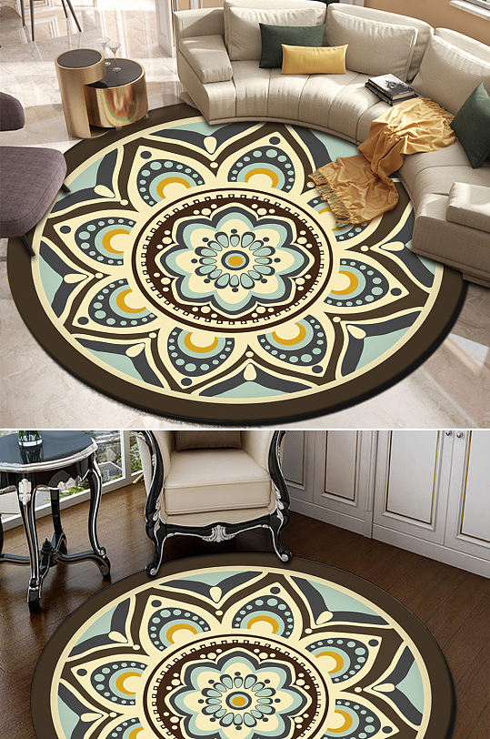 欧式现代简约古典花纹轻奢钢琴圆形地毯