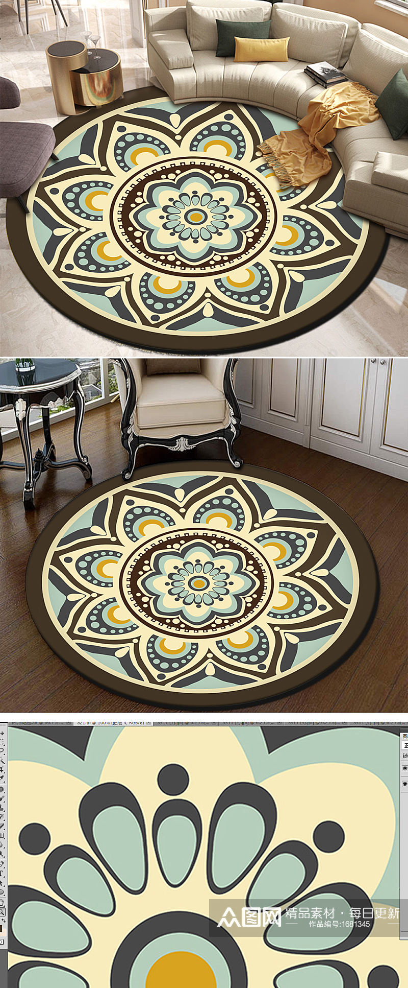欧式现代简约古典花纹轻奢钢琴圆形地毯素材
