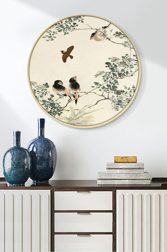 新中式复古手绘工笔花鸟装饰画-众图网