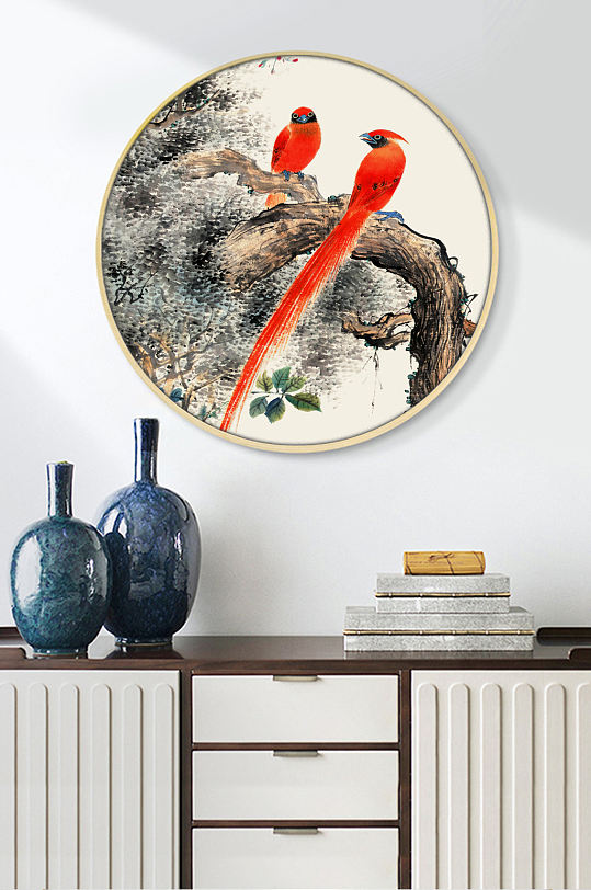 新中式手绘花鸟圆形装饰画挂画-众图网