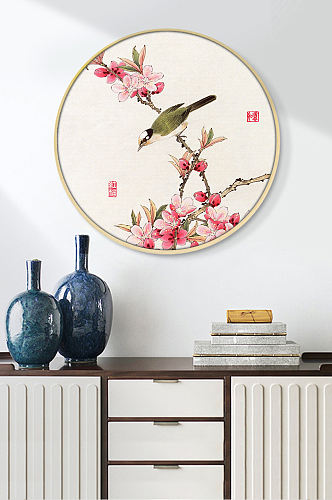 新中式手绘花鸟圆形装饰画挂画