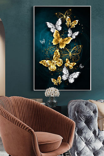 现代轻奢侈简约抽象蝴蝶黑白烁金客厅装饰画